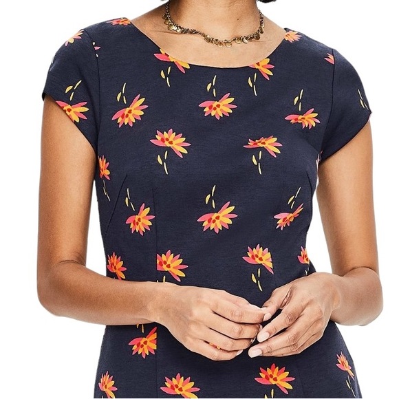 NWT Boden Rosetta Navy Blue Yellow Floral Ponte Knit Ruffle Dress - 6 - Picture 4 of 15